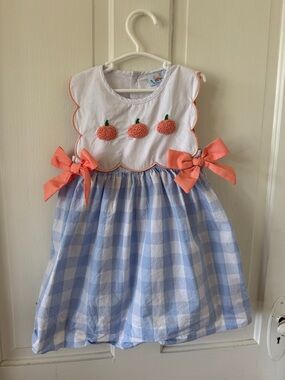 Girls White Top Blue Gingham Dress with Coral Pumpkin Appliqués